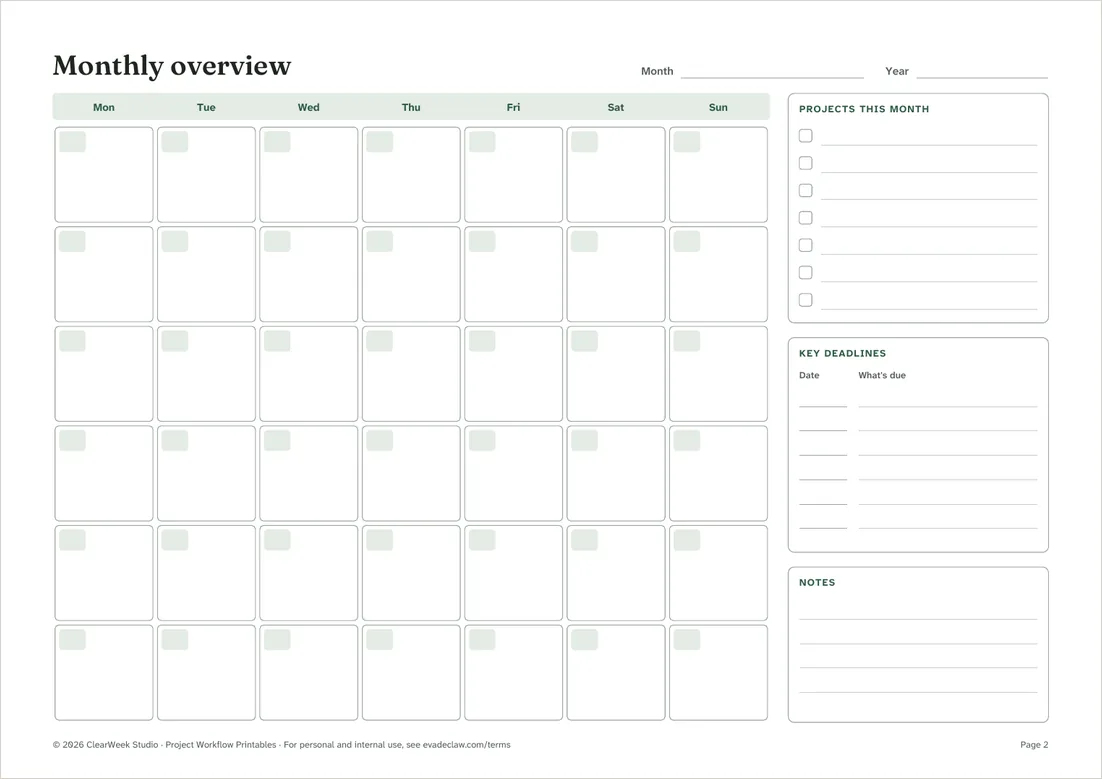 Monthly overview (printable)